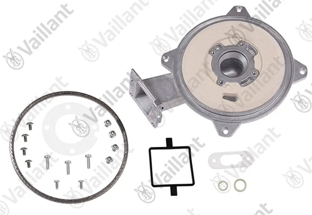 Vaillant Brennerflansch mit Montageschrauben, Dichtungen und Montagesatz. Zubehörteile auf einem weißen Hintergrund angeordnet.